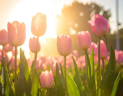 Soft focus image of pink tulips in a garden, sun shining through petals in the golden hour