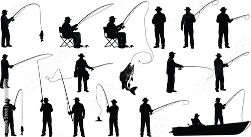 Vector Set of Anglers Casting, Fighting Fish, and Netting the Catch, Representing Recreation, Hobby, and Sport Fishing.
