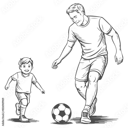 Single one line drawing son playing football 
