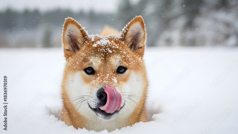 Obraz premium Closeup portrait of a happy shiba inu dog with snow on its fur licking its nose while sitting in a snowy winter landscape