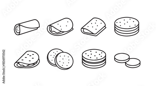 Hand drawn mexican tortillas and wraps line art collection food icons simple sketch style vector