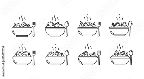 Hot food bowl collection delicious meals steaming spoon fork line art style icon set vector