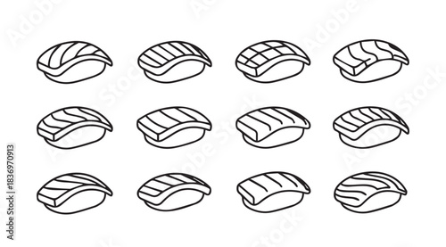 Artistic sketch style salmon nigiri sushi assortment decorative elements for food design vector