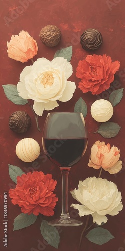 Valentine's Day, a holiday for lovers, a romantic date, a red heart, February 14 Wine and sweets for a good evening, a pleasant dinner with your significant other. High quality