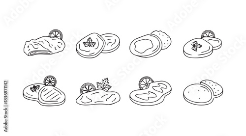 Hand drawn culinary collection ingredients foods and dishes sketched line art vector