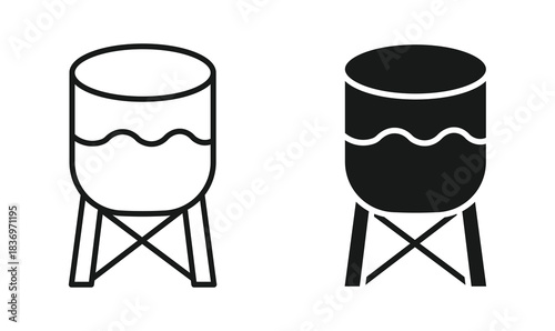 Water tank icon set in outline and silhouette style representing storage containers liquid reservoirs and industrial water systems vector illustration