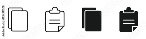 Copy and paste icon set in outline and silhouette style representing duplicate files data copying user interface actions and digital tools vector illustration