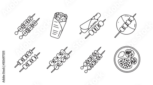 Hand-drawn kebab and shawarma food icons collection for culinary designs and menus vector