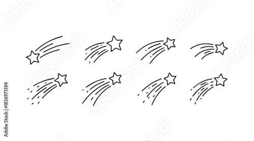 Collection of hand-drawn shooting star icons with various trails and textures for cosmic themes and design elements vector