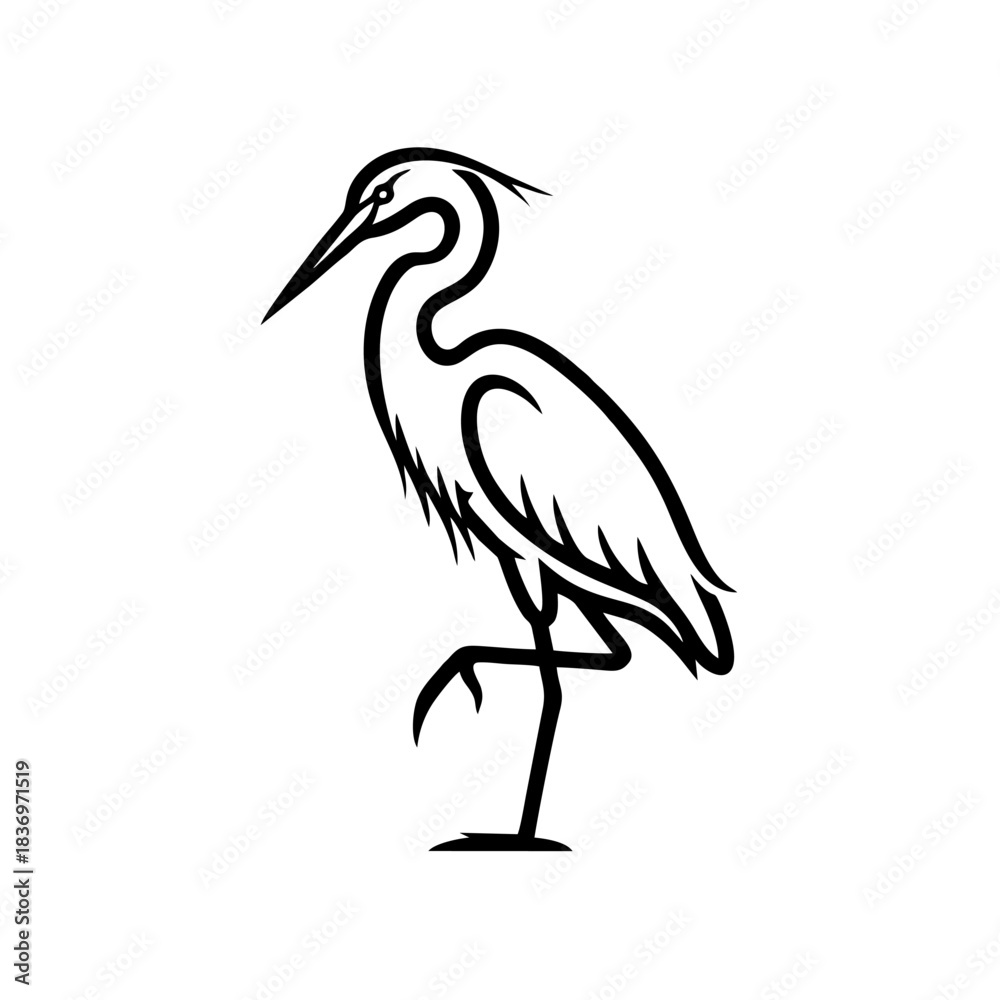 Fototapeta premium Elegant Heron Line Silhouette Logo, Thick Continuous Stroke, Vector Illustration