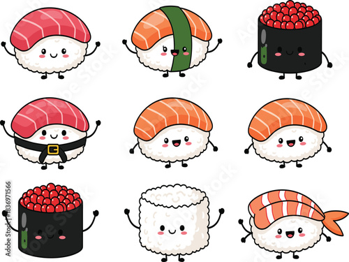 Set of Cute Kawaii Sushi Characters with Happy Faces Including Tuna, Salmon, Roe, and Maki Roll Vector Illustration