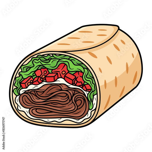Freshly prepared beef and vegetable wrap with lush greens and vibrant fillings