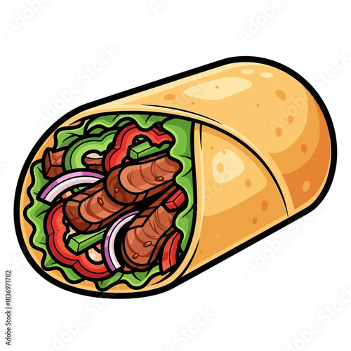 Colorful cartoon open-faced chicken shawarma wrap with fresh vegetables and