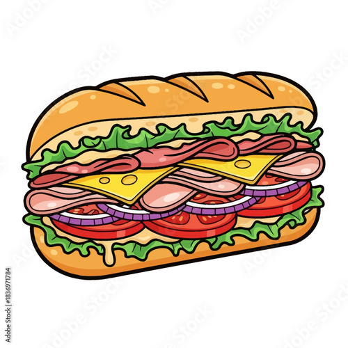 Delicious layered sandwich with fresh vegetables and savory meats in a crunchy