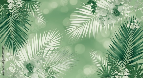 Soft green botanical design with palm fronds, flowers, and bokeh background
