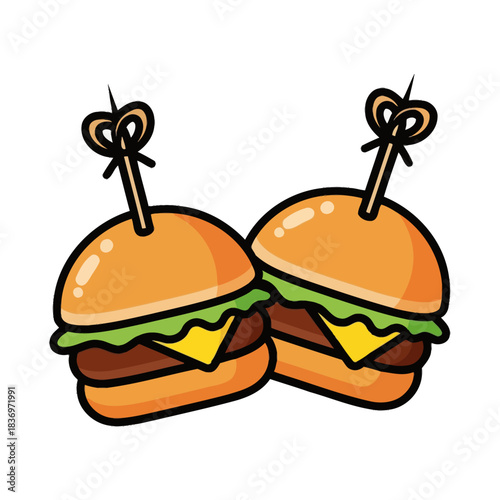 Playful cartoon style twin cheeseburgers with lettuce cheese and skewers