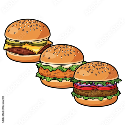 Delicious Variety of Three Gourmet Burgers with Fresh Ingredients and Toasted