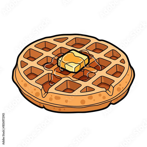 delicious golden waffle with melting butter and rich syrup drizzle on a crispy
