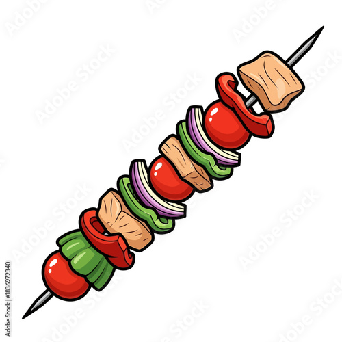 Colorful vegetable and meat kebab on skewers showcasing fresh ingredients in a