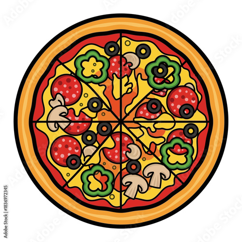 Vibrant mixed topping pizza illustration with colorful ingredients and crispy