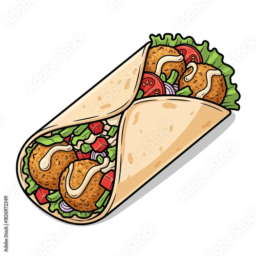 Freshly made wrap with crispy fried chicken and vibrant vegetable toppings for