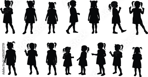 Silhouette of young girl in various poses, walking, standing, gesturing, child movement, pigtails, dress, animation, posture, design reference