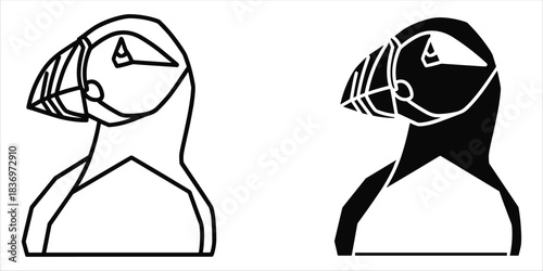 Puffin Bird Outline and Silhouette on White Background