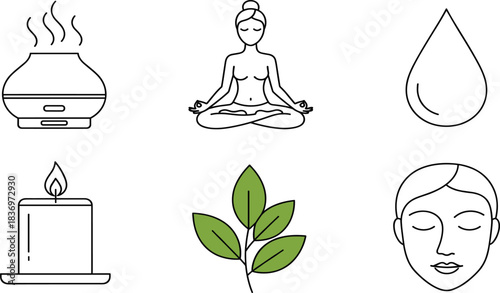 Spa Relaxation and Aromatherapy Outline Vector Icon Set