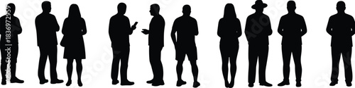 Silhouette people diversity, standing group, fashion styles, body language, urban crowd, casual wear, demographic mix, posture variety, human figures, social interaction
