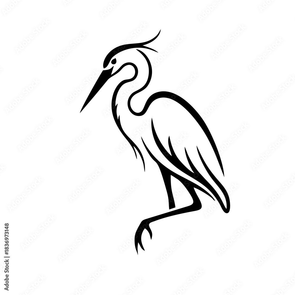 Fototapeta premium Abstract Heron Silhouette Logo, Flowing Lines, Black Shape, Vector Illustration