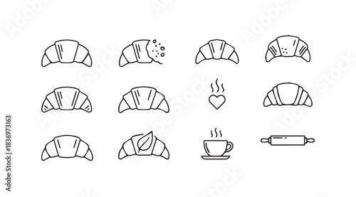 Collection of hand drawn croissant icons and baking elements for breakfast cafe menu design vector