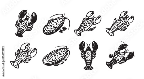 Collection of hand drawn seafood lobster icons representing delicious marine delicacies vector