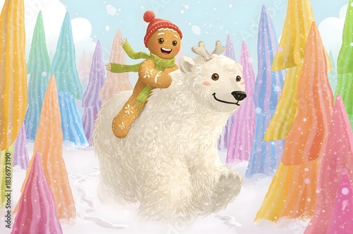 Whimsical holiday scene of a gingerbread character riding a smiling polar bear through a pastel candy forest with snowfall and festive cheer.