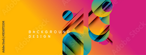 Vibrant gradient background features abstract geometric shapes. Colorful layers create dynamic visual texture. Modern design element.