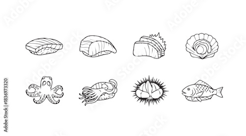 Eight hand drawn seafood icons featuring fish shellfish and other marine delicacies vector