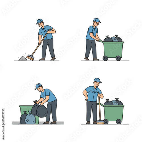 A man in a uniform performing various street cleaning and garbage collection tasks.