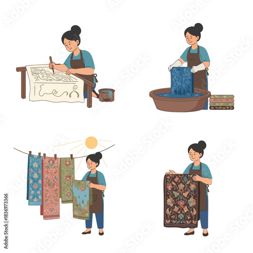 A woman demonstrating the traditional process of making batik fabric, from drawing patterns to dyeing and drying, showcasing the finished textile.
