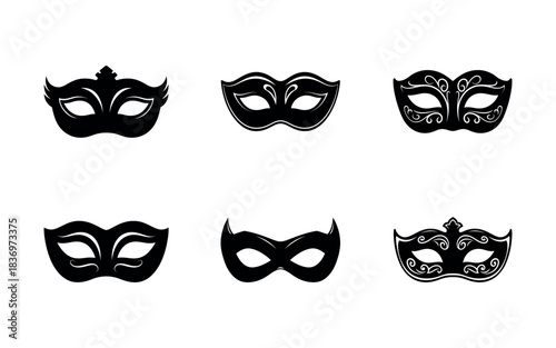 Set of six elegant black masquerade mask designs with decorative details in bold vector style on a clean white background