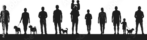 Silhouette people walking, urban lifestyle, family with children, dog walking, outdoor activity, minimal art, black figures, social interaction, city life