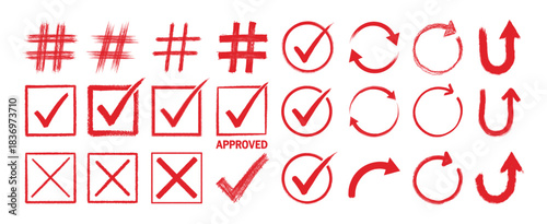 Set of red brushstroke icons, including hashtags, checkmarks, and arrows