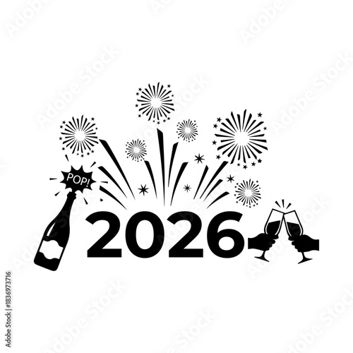 A bold black and white vector graphic celebrating New Year 2026 with fireworks, a champagne bottle popping and two hands toasting champagne flutes.
