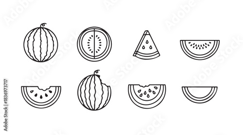 Set of hand-drawn watermelon elements fresh fruit slices whole and bite-taken iconography vector