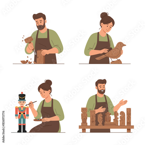 Four artisans engaged in various woodworking and crafting activities, including carving and painting wooden figures.