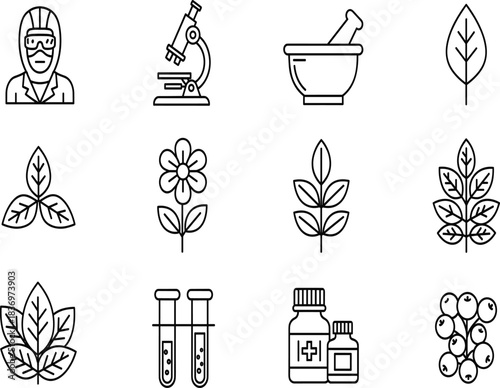 Herbal Medicine Biology and Science Outline Vector Icon Set