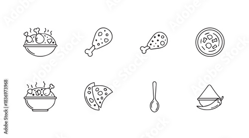 Collection of doodle food icons representing delicious meals pizza chicken soup and salad vector