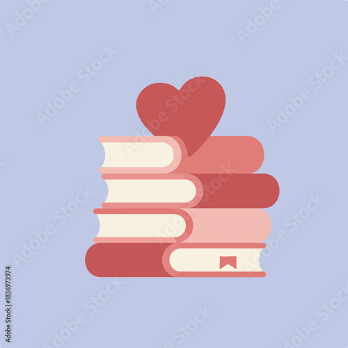 A stack of books with a red heart on top, set against a light blue background.