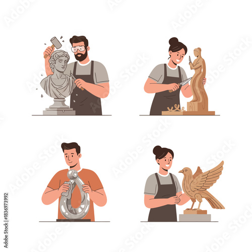 Four artists demonstrating different sculpting techniques and materials, including stone carving, wood carving, metalwork, and clay modeling, showcasing craftsmanship.