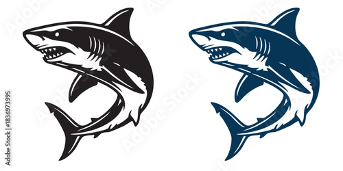 Aggressive Great White Shark Mascot Design in Black and Navy Blue Illustration