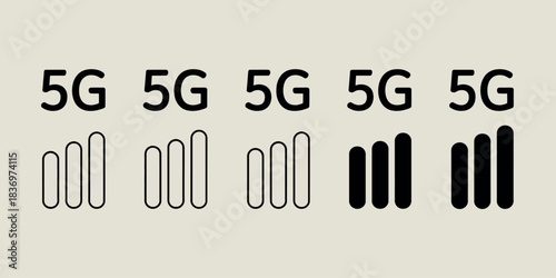 Five 5g icons showing signal strength bars in outline and solid styles