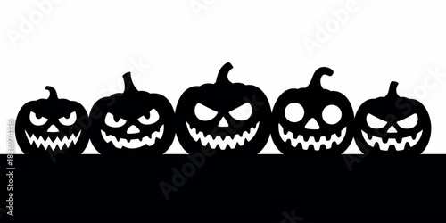 Row of five spooky black halloween jack o lantern silhouettes on white background